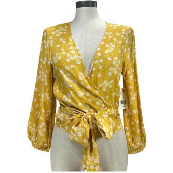 BILLABONG Love Wrapped Crop Top Sz L Yellow Floral Peasant Long Sleeve Tie Waist - Picture 6 of 14